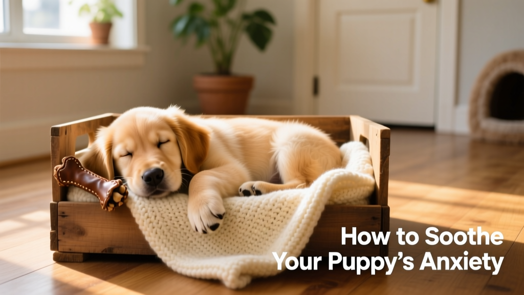 A calm, relaxed puppy resting peacefully in a cozy crate with a soft blanket and chew toy