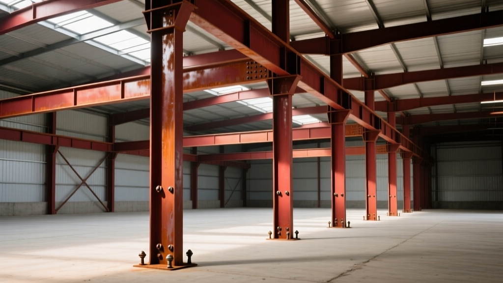 Interior of partially erected rigid-frame steel warehouse showing red oxide I-beam columns, Z-purlins, and anchor bolts on concrete slab