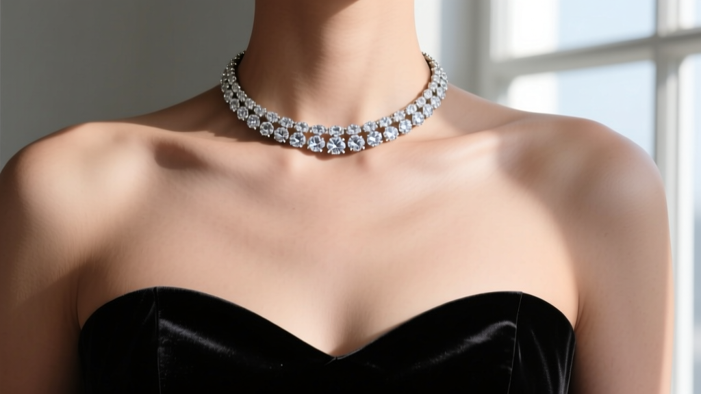 Close-up of collarbone displaying a 14-inch diamond tennis choker with a strapless sweetheart neckline black velvet evening gown.