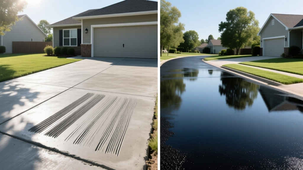Split-screen comparison of a newly poured concrete driveway with a broom finish next to a freshly rolled black asphalt driveway in a suburban home setting