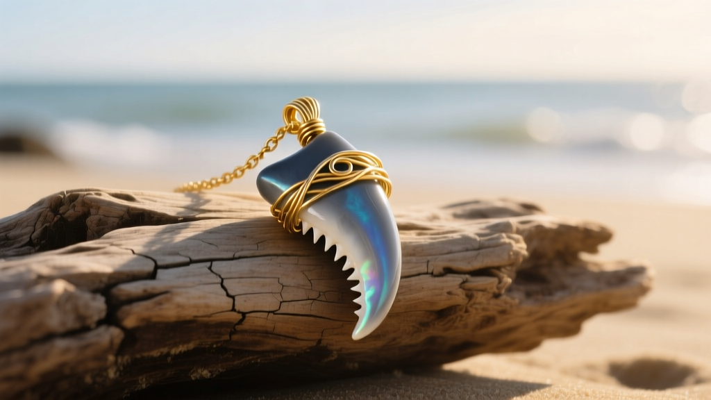 Blue-gray megalodon tooth pendant in gold-filled wire wrap, resting on weathered driftwood under soft coastal sunlight.
