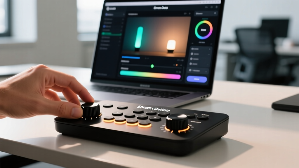 Fingers adjusting tactile rotary dials on an Elgato Stream Deck Plus to dim smart lights while a laptop screen displays the Stream Deck app