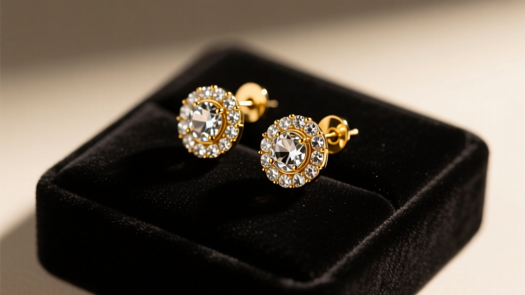 1950s gold vintage clip-on earrings with rhinestones on a dark velvet jeweler bench block under warm studio lighting