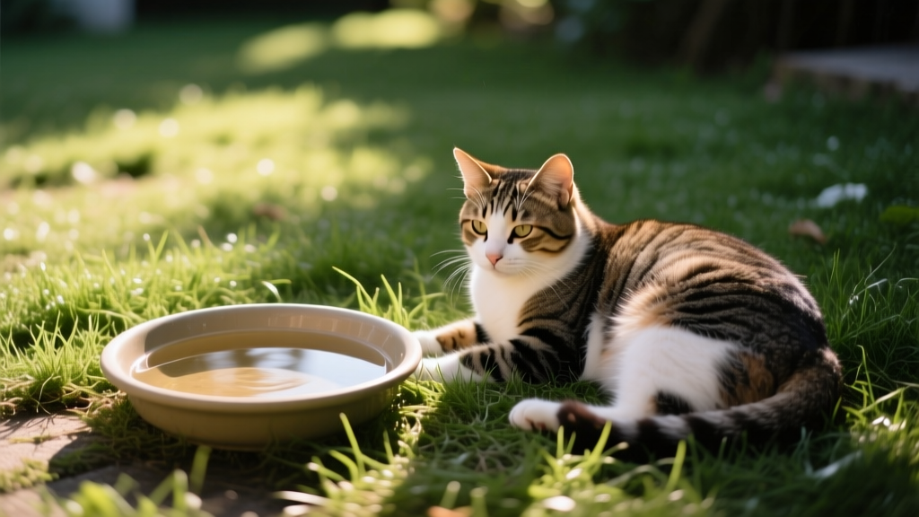 Shaded outdoor area with a shallow dish of water and a cat resting nearby on cool grass