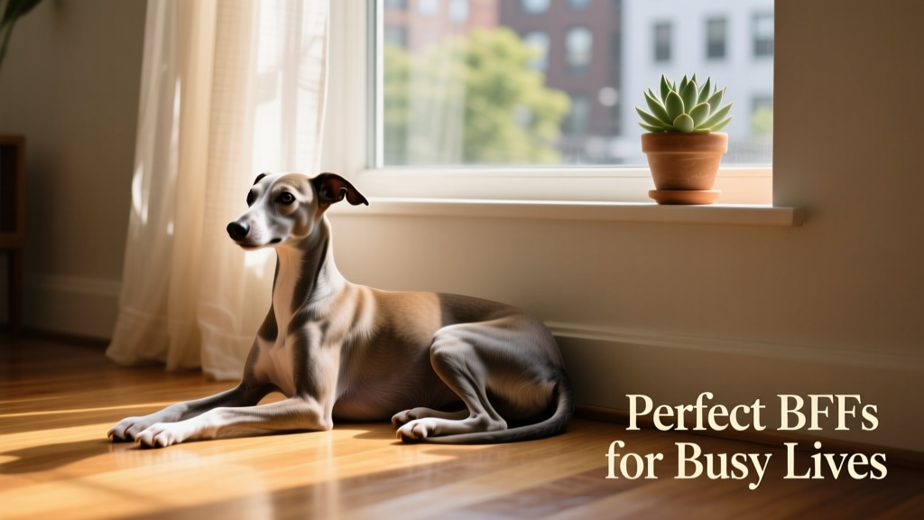 An Italian Greyhound resting peacefully in a sunlit window nook, paws tucked under