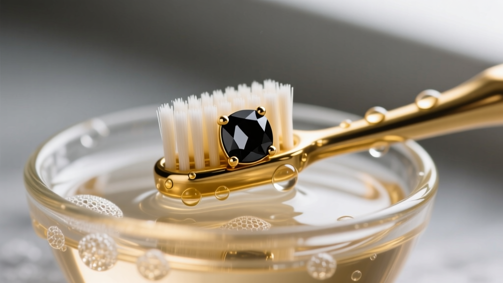 Soft toothbrush gently scrubbing gold prongs of a black spinel stud earring in a small glass bowl of warm, soapy distilled water.