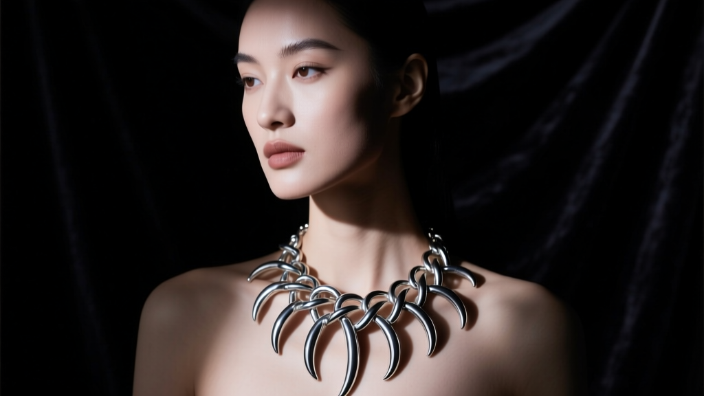 Editorial shot of a model wearing a surrealist silver necklace of tongues, dramatic chiaroscuro lighting in a dark studio setting.