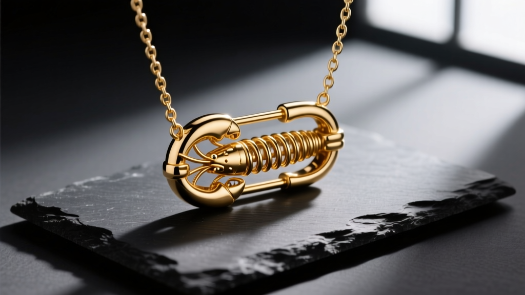 Macro shot of a 14k gold lobster clasp on a chain, on dark slate with side lighting highlighting the internal spring mechanism.
