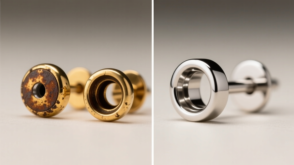 Side-by-side macro comparison of tarnished brass plated earrings versus bright ASTM F136 implant-grade titanium labret studs.