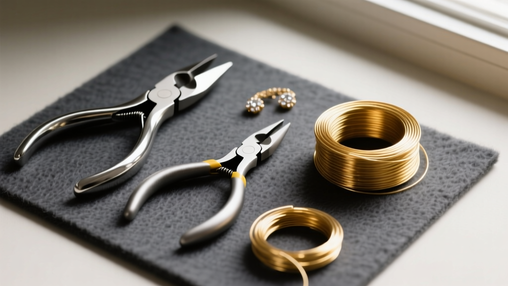 Flat lay of jewelry tools including flush cutters, round nose pliers, and spools of gold-filled wire on a dark grey felt pad.