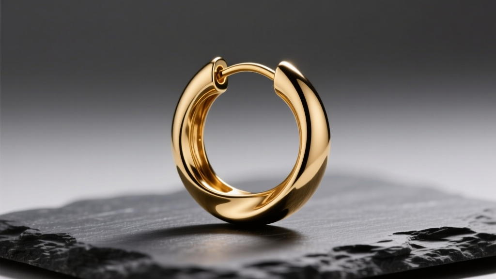Close-up of a 14k gold continuous hoop earring on dark slate, displaying the seamless clasp and curve under warm studio lighting.