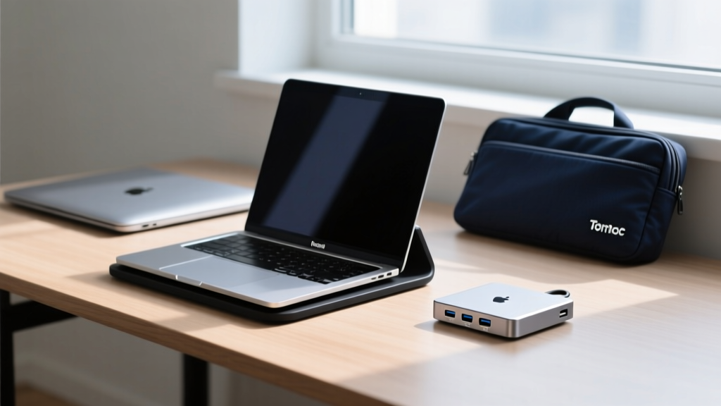 A minimalist desk setup with a MacBook on a Roost stand, a Satechi hub, and a Tomtoc sleeve in the background.