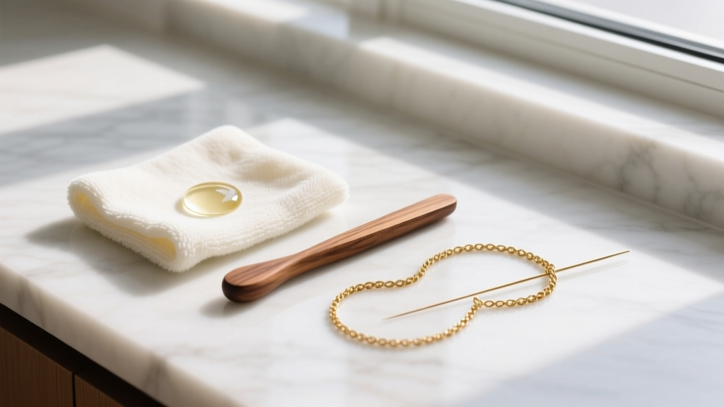 Overhead view of jewelry cleaning tools: a microfiber cloth, mild soap, a wooden stick, and a delicate tangled gold threader chain