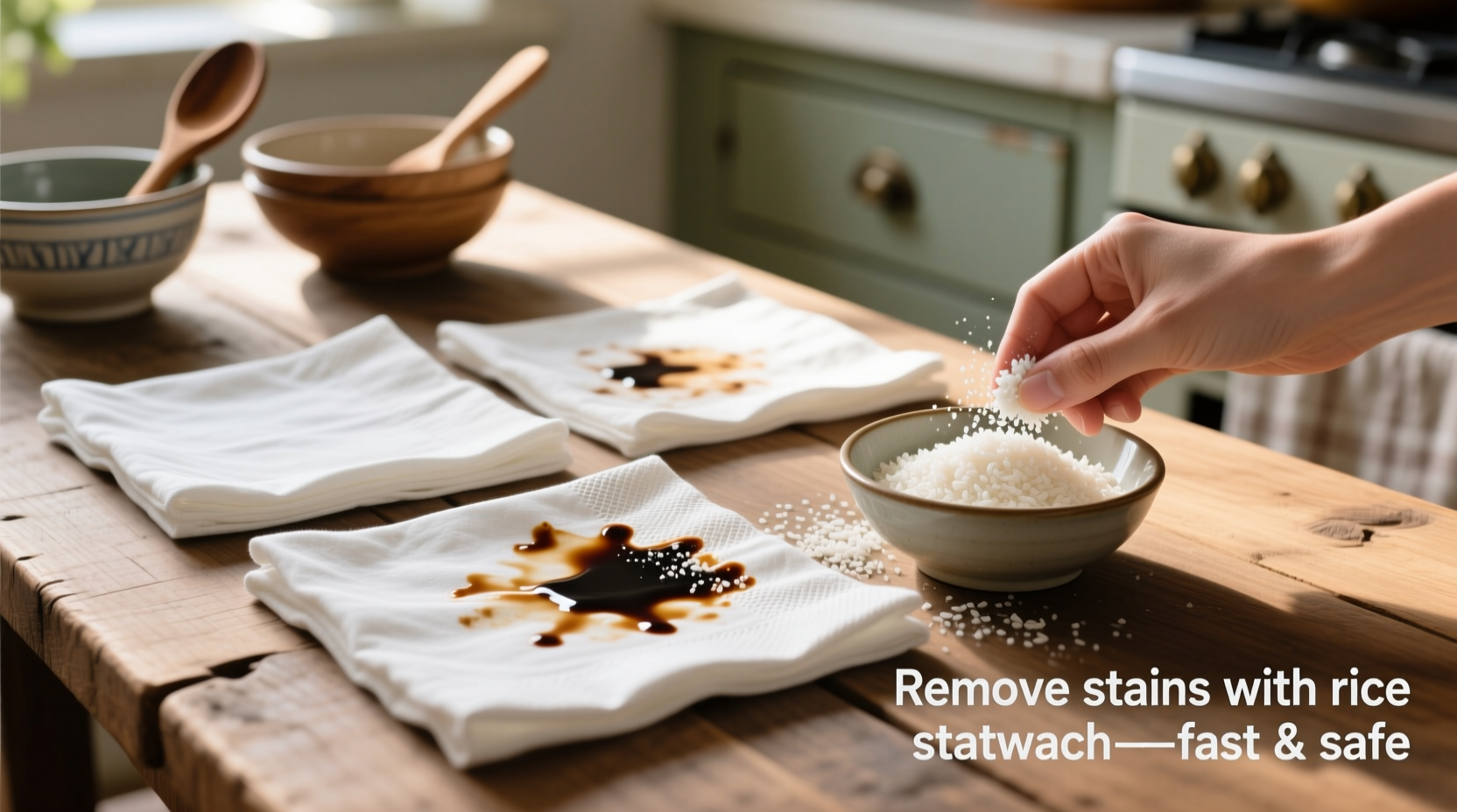 rice starch trick for soy sauce on linen