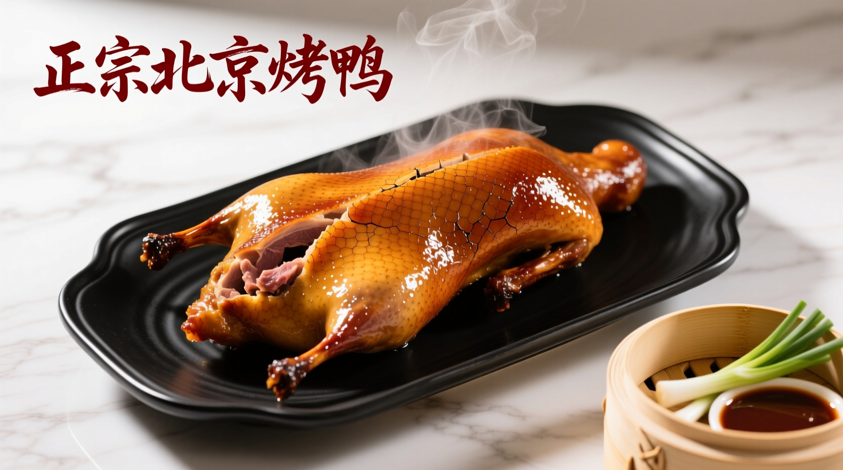 Perfectly roasted duck with crispy skin on serving platter