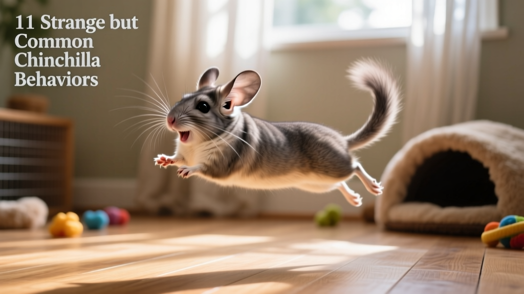 A chinchilla mid-binky — fully airborne, body stretched, ears alert