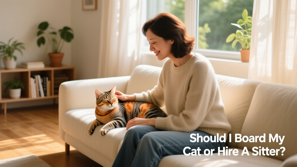 A friendly, smiling cat sitter gently petting a contented tabby cat on a sofa in a sunlit living room
