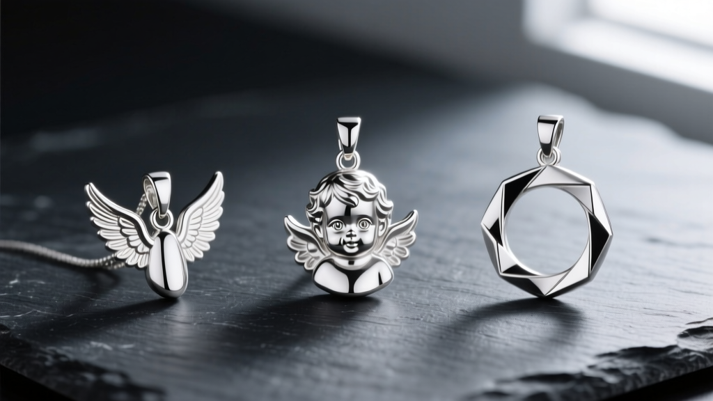 Three silver angel pendants on dark slate: a minimalist single wing, a detailed cherub face, and a modern geometric halo design