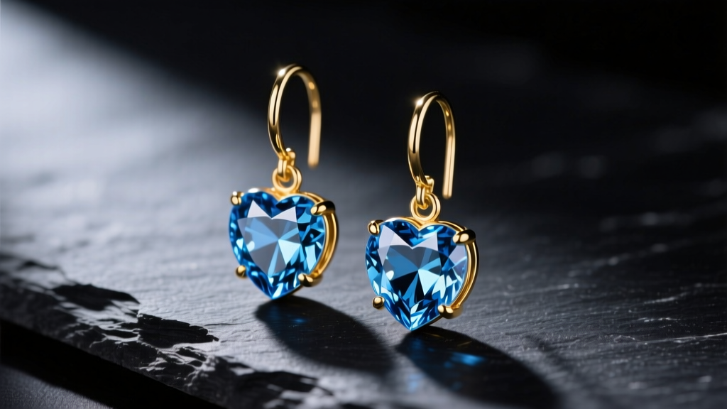 Macro shot of 18k gold drop earrings with blue topaz heart gems on dark slate, side lighting highlighting the stone facets