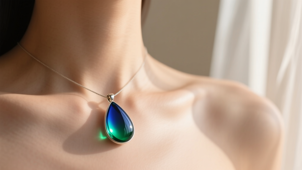 Close-up of a teardrop mood pendant shifting from blue to green, resting on a collarbone against soft, warm, natural daylight.