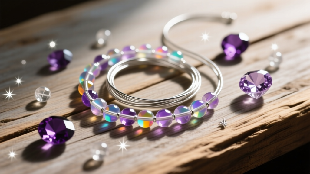 Flat lay of glass seed beads, amethyst gemstones, and silver beading wire arranged on a rustic wooden jeweler