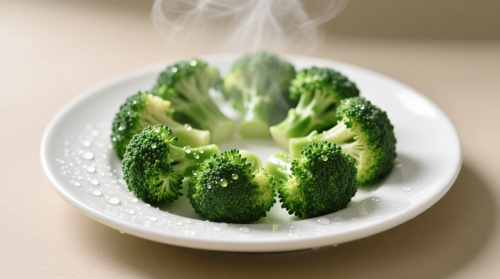 Perfectly steamed broccoli florets on white plate