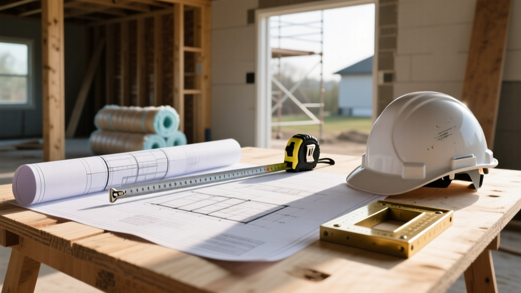 Architectural blueprints spread on a plywood table next to a tape measure, framing square, and hard hat at a residential construction site