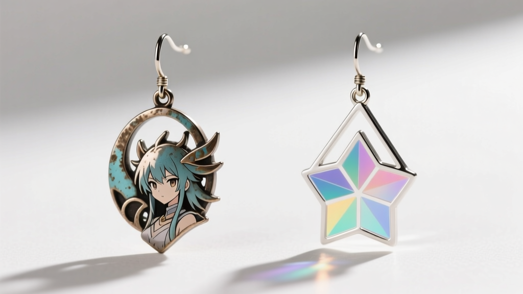Side-by-side macro comparison of a tarnished zinc alloy anime earring next to a pristine laser-cut acrylic Hanafuda drop earring