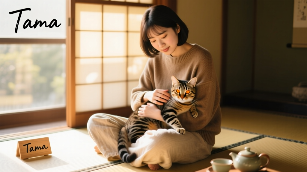 A Japanese woman gently cradling a tabby cat in her lap while smiling softly