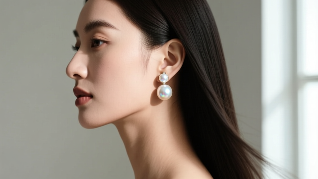 Side profile of a woman wearing double pearl studs, showing the size contrast between the front and back pearls against bare skin