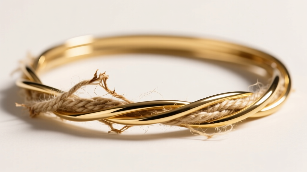 Macro view of frayed nylon threads beside a pristine gold-filled wire choker, displayed under bright and neutral studio lighting.