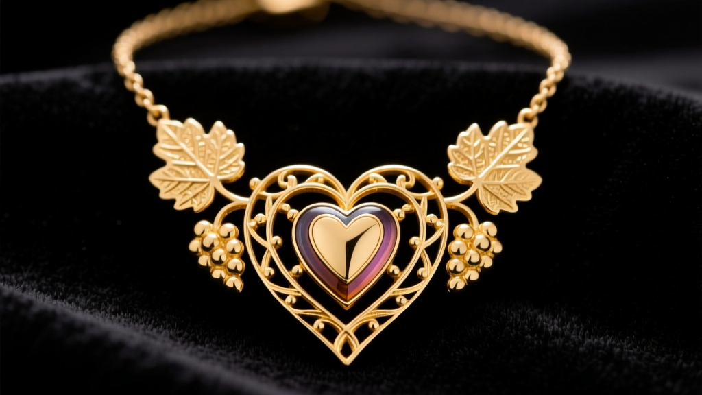 Close-up of a vintage Black Hills gold heart necklace featuring tri-color 10K and 12K gold grape leaves resting on dark velvet.