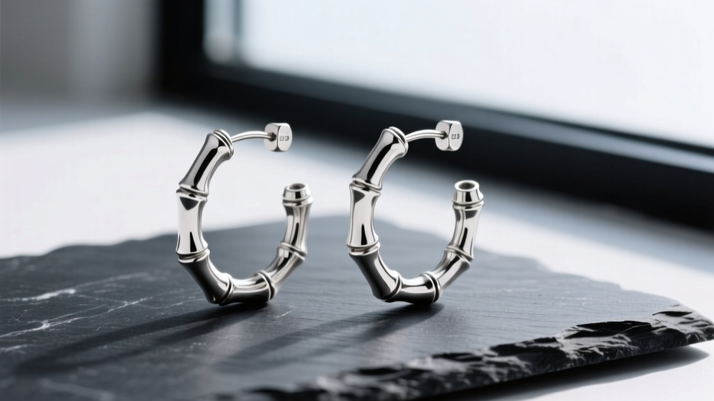 Close-up of 925 sterling silver bamboo hoop earrings showing textured nodes and polished segments on a dark slate surface.