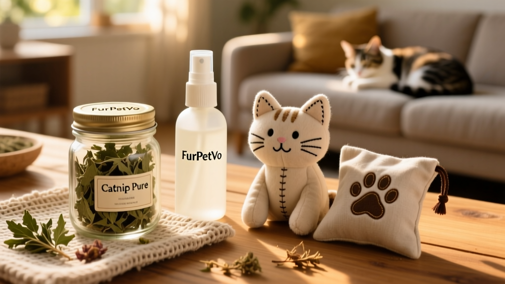 Assortment of FurPetVo catnip products: dried leaves in a jar, a spray bottle, a plush toy, and a treat pouch