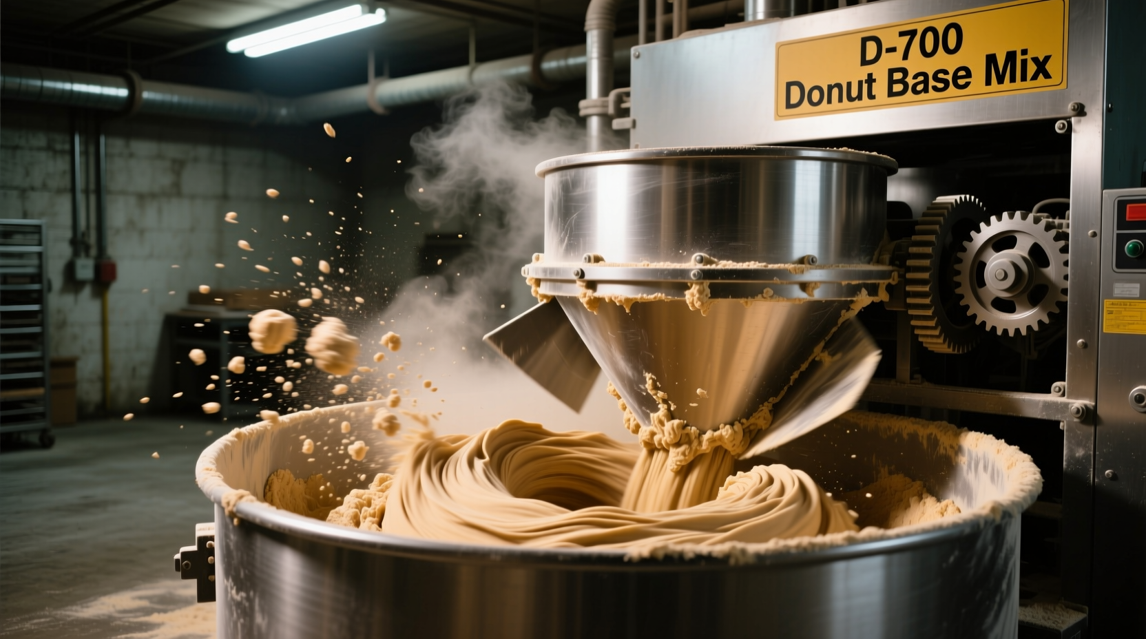 Industrial seed mixer preparing donut dough formulation