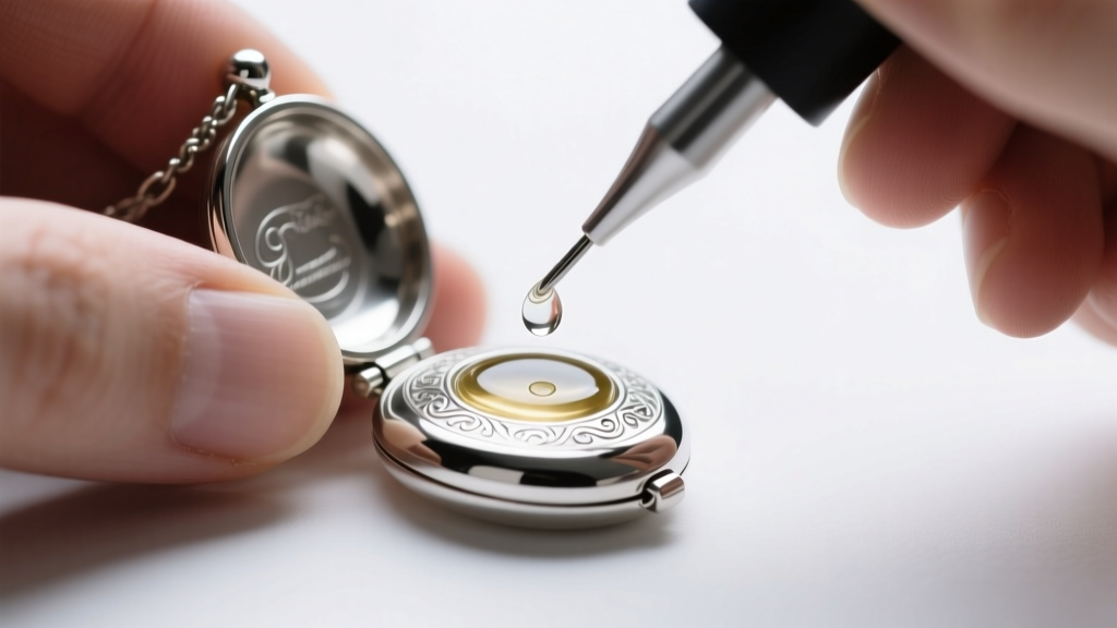 Hands applying a micro-drop of clear epoxy to the threads of a silver cremation locket using a fine-tipped precision applicator.