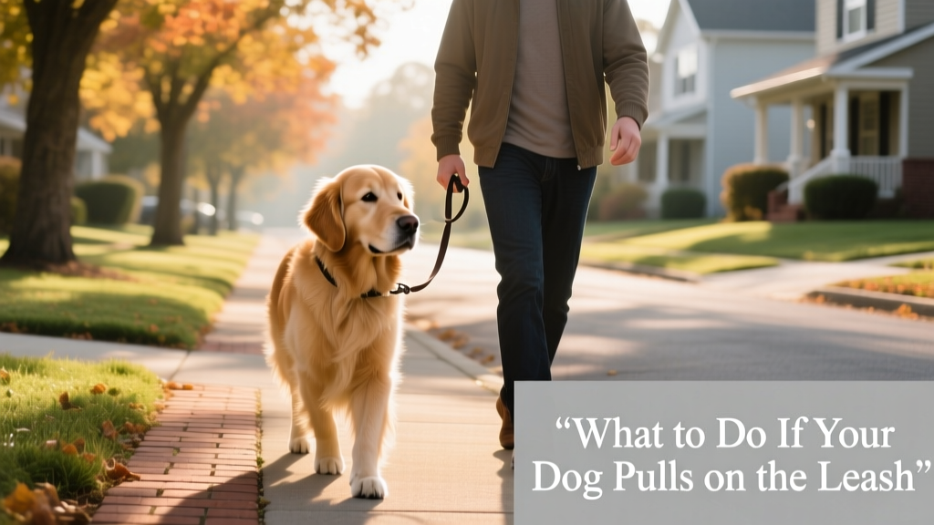 A calm dog walking beside its owner on a loose leash in a quiet neighborhood street