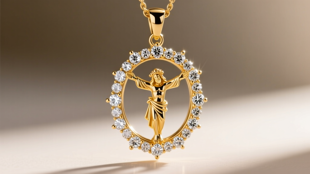 Macro shot of a heavy 100 gram gold Jesus piece pendant with pave set moissanite stones, showing intricate prong settings clearly