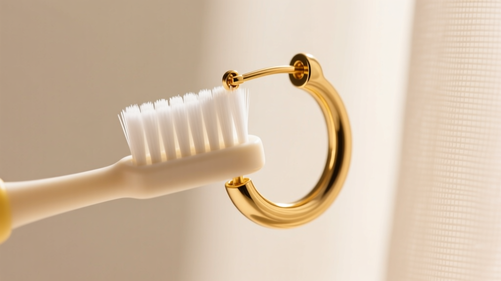 Macro shot showing a soft-bristled baby toothbrush gently cleaning the intricate hinge mechanism of a delicate gold hoop earring
