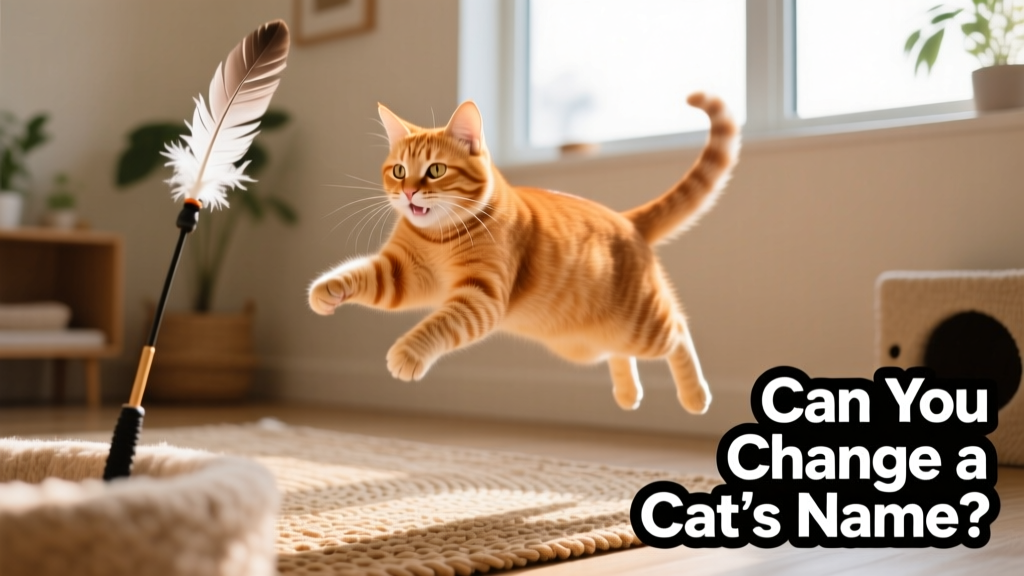 A joyful orange cat mid-pounce during playtime with a feather wand toy