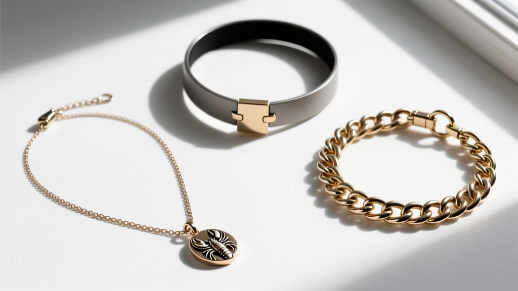 Flat lay of three different budget choker necklaces with pendants showing varying chain gauges and lobster clasp mechanisms