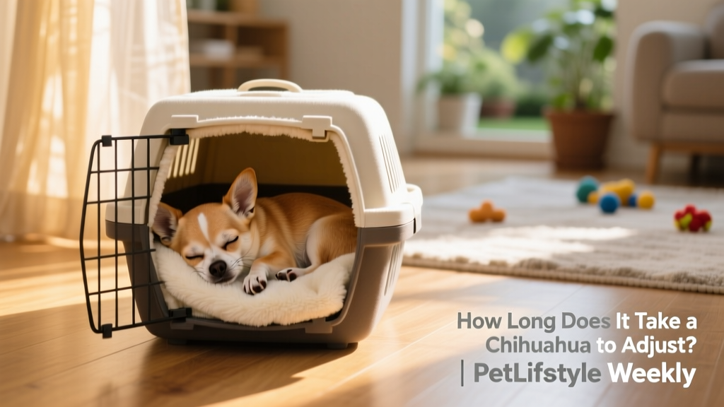 A Chihuahua sleeping peacefully in a plush, enclosed crate with a soft blanket