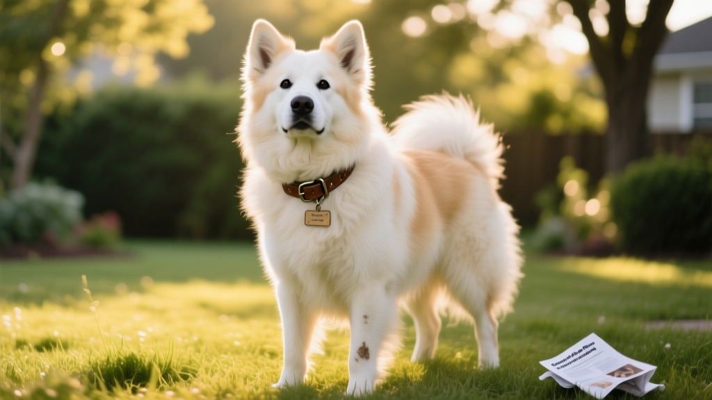 A friendly, medium-to-large mixed-breed dog with a thick white or cream coat and expressive dark eyes, standing outdoors on grass