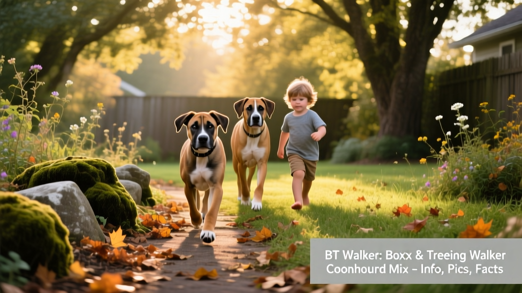 A young BT Walker puppy exploring a leafy backyard path alongside an adult dog and a child