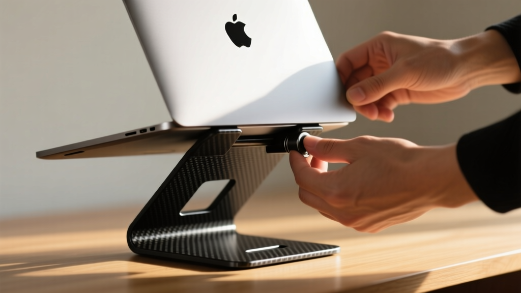 Close-up of hands adjusting the height of a black carbon-fiber Roost laptop stand with a silver MacBook Pro resting on top prongs