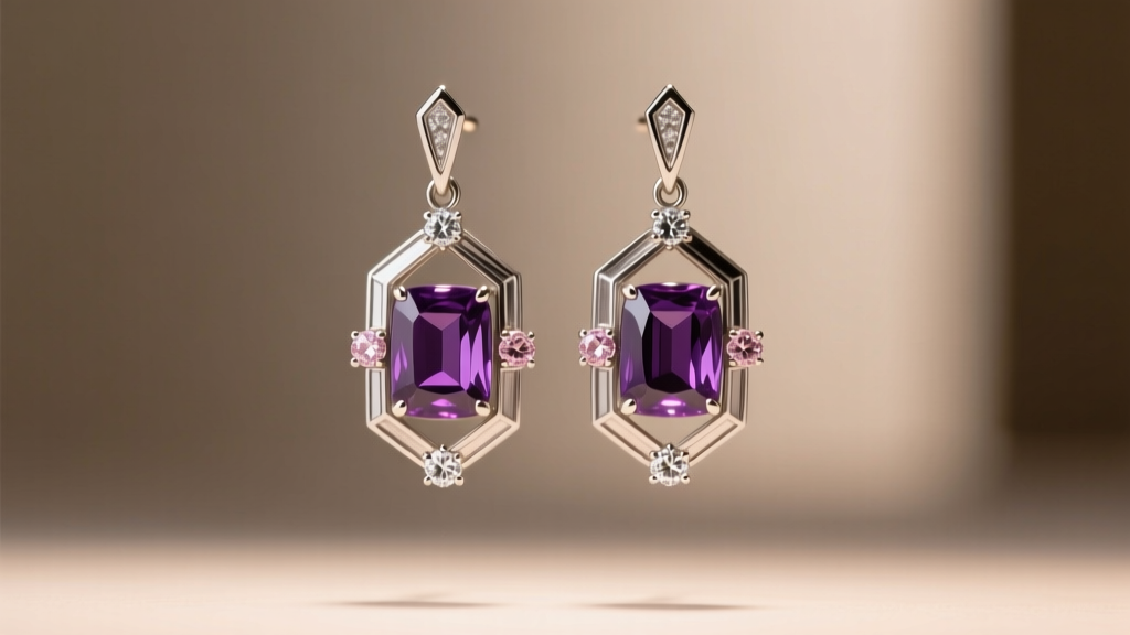Close-up of Art Deco platinum drop earrings with calibré-cut amethysts and rose diamonds under warm gallery lighting