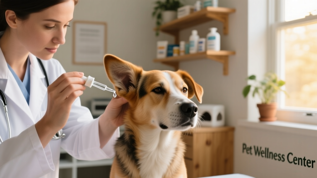 Veterinarian applying ear cleaning solution to a calm dog's ear using a dropper