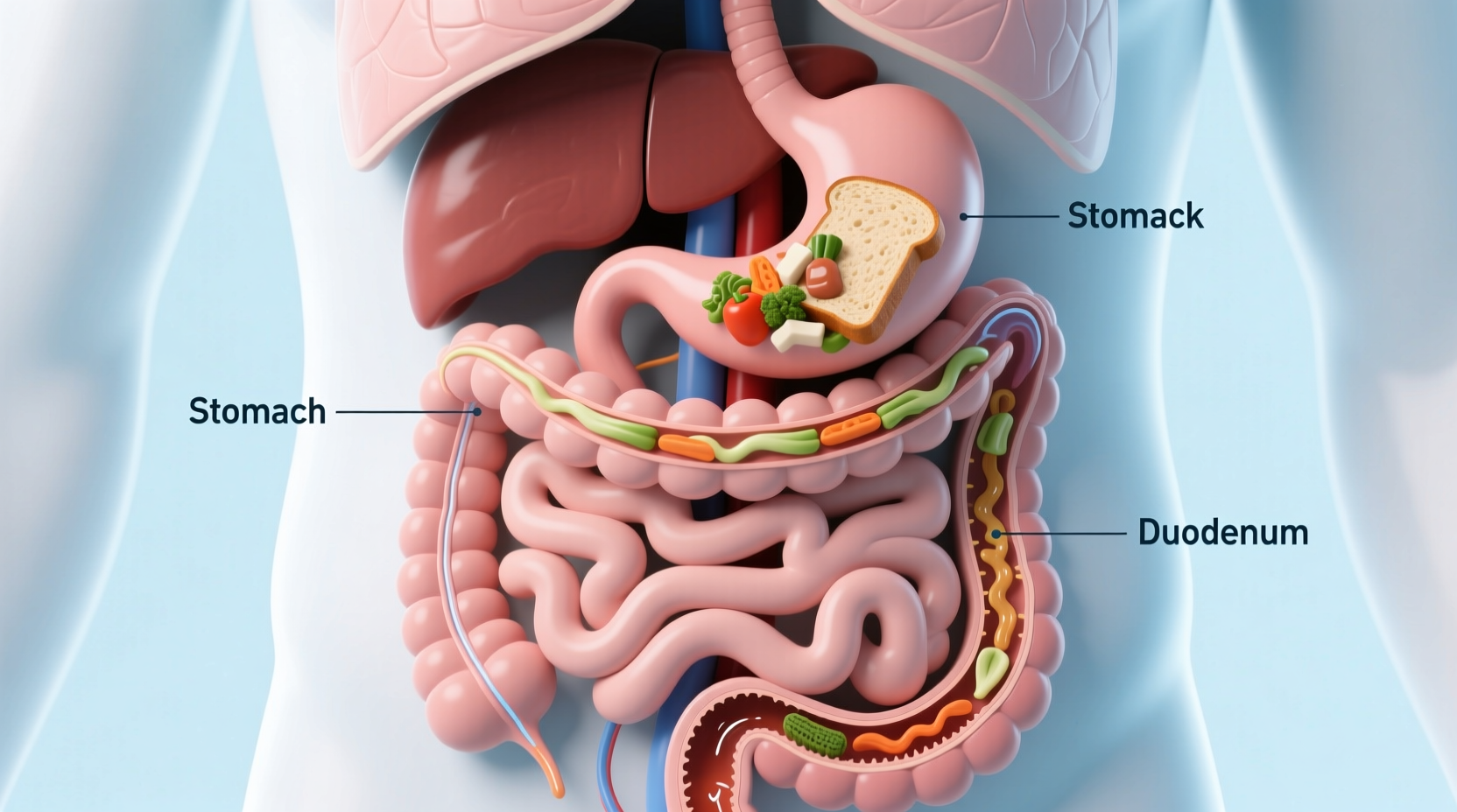 Digestive system anatomy showing food movement through gastrointestinal tract