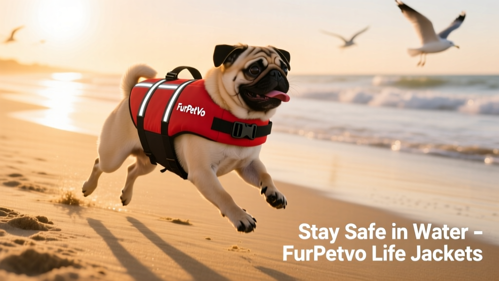 A pug running down the beach wearing a FurPetVo life jacket