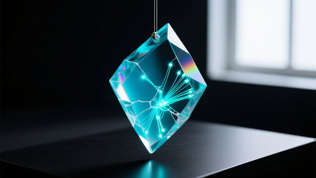 Macro shot of a translucent cyan epoxy resin cyberpunk relic shard with embedded LED micro-filaments on a matte black surface.